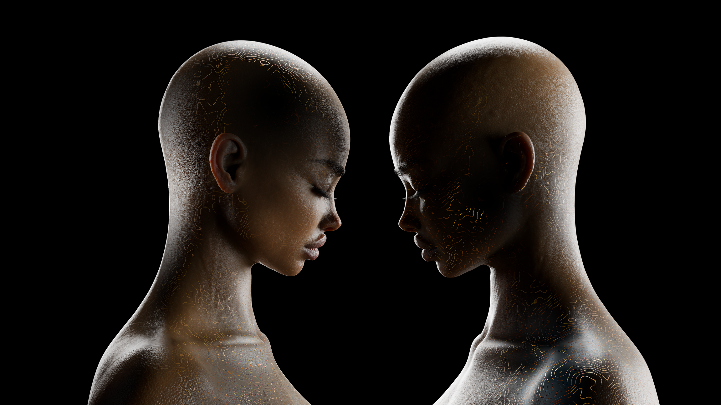 Symbiosis: two mirrored human figures facing each other against a black background